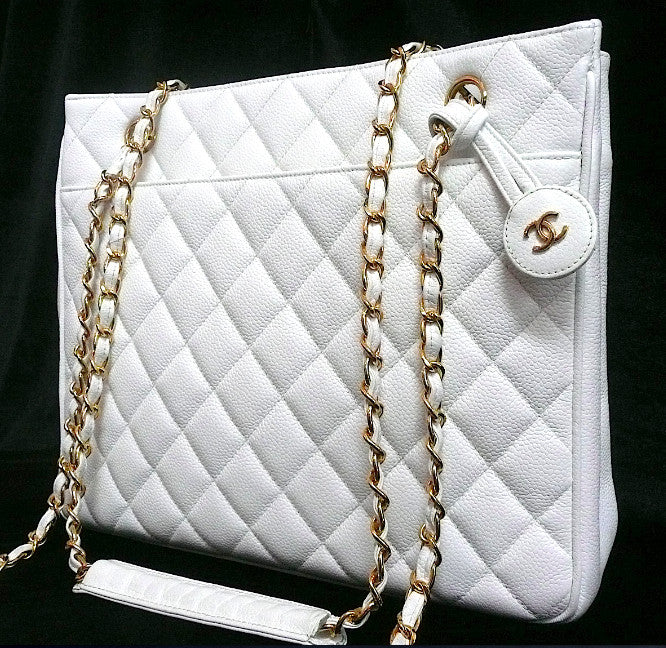 Authentic Chanel Vintage Large Quilted White Caviar Classic Tote