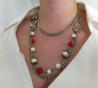 Authentic Chanel Matte Gold Red Gripoix & Pearl Necklace