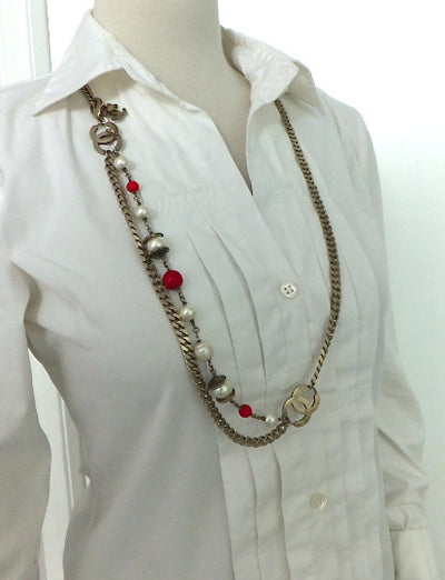 Authentic Chanel Matte Gold Red Gripoix & Pearl Necklace