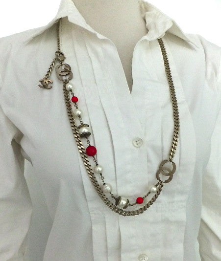 Authentic Chanel Matte Gold Red Gripoix & Pearl Necklace