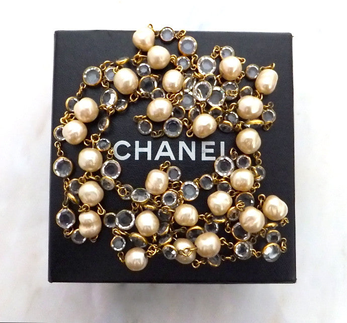 Authentic Chanel Vintage Light Blue Crystal & Pearl Sautoir Necklace