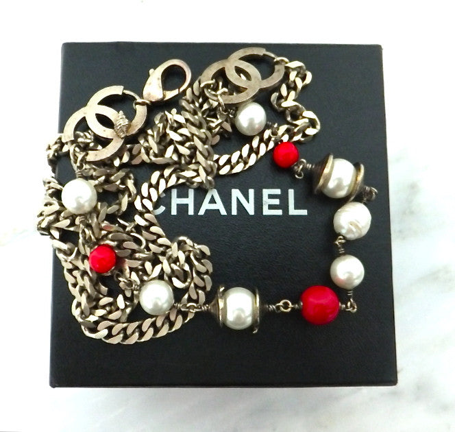 Authentic Chanel Matte Gold Red Gripoix & Pearl Necklace
