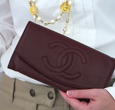 Authentic Chanel Vintage Caviar Burgundy Wallet On Chain (WOC) Handbag