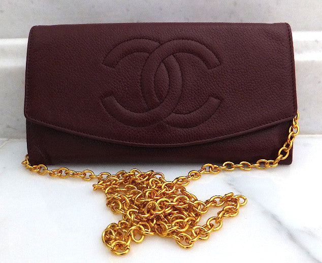 Authentic Chanel Vintage Caviar Burgundy Wallet On Chain (WOC) Handbag