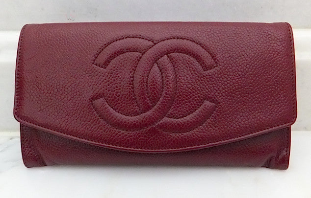 Authentic Chanel Vintage Caviar Burgundy Wallet On Chain (WOC) Handbag