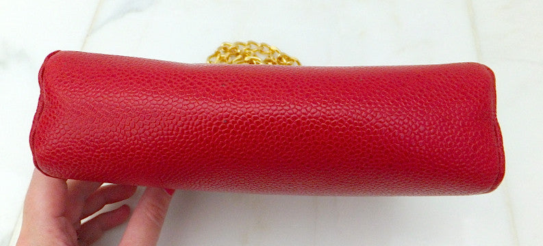 Authentic Chanel Vintage Caviar Red Wallet On Chain (WOC) Handbag
