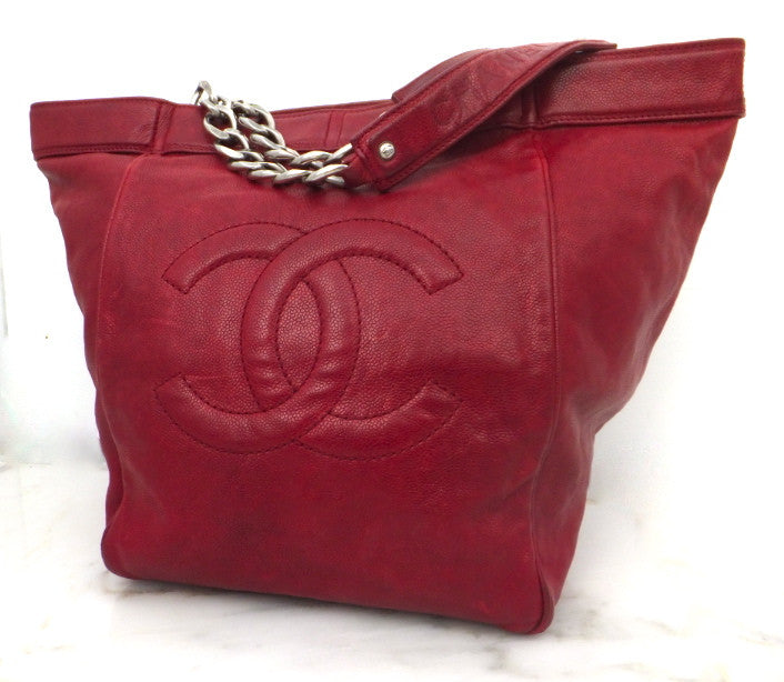 Authentic Chanel Distressed Red Caviar Outdoor Linge Grand Double Chain Tote