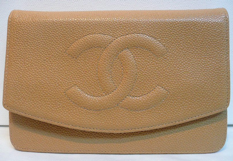 Authentic Chanel Tan Caviar Wallet On Chain (WOC) Handbag