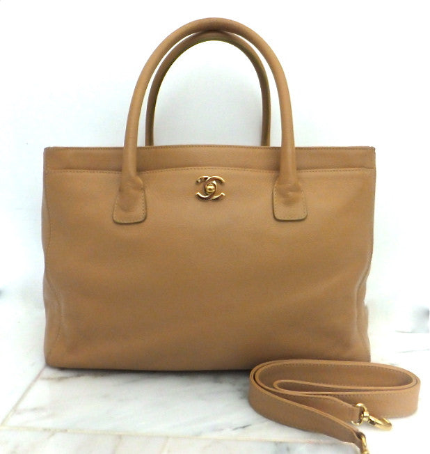 Authentic Chanel Cerf Executive Tan Caviar Tote