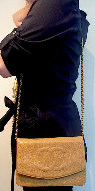 Authentic Chanel Tan Caviar Wallet On Chain (WOC) Handbag