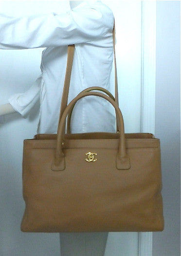 Authentic Chanel Cerf Executive Tan Caviar Tote