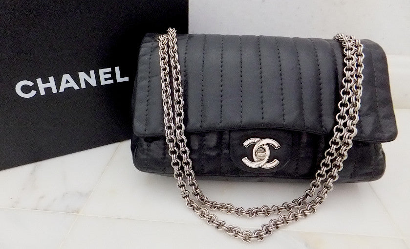 Authentic Chanel Vertical 10” 2.55 Silver Modern Chain Flap
