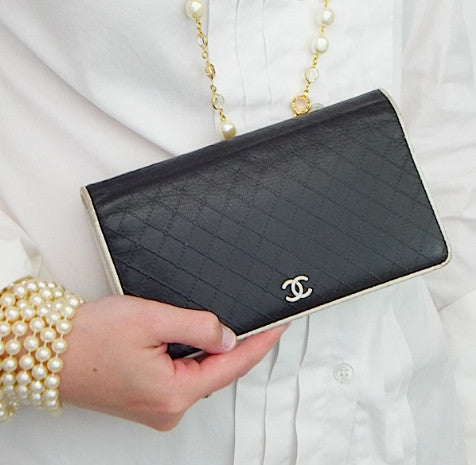 Authentic Chanel Quilted Black and White Quilted Bi-Fold Wallet