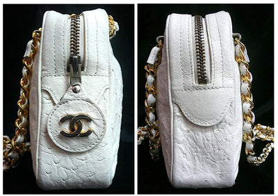 Authentic Chanel Bone Ostrich Skin Camera Handbag