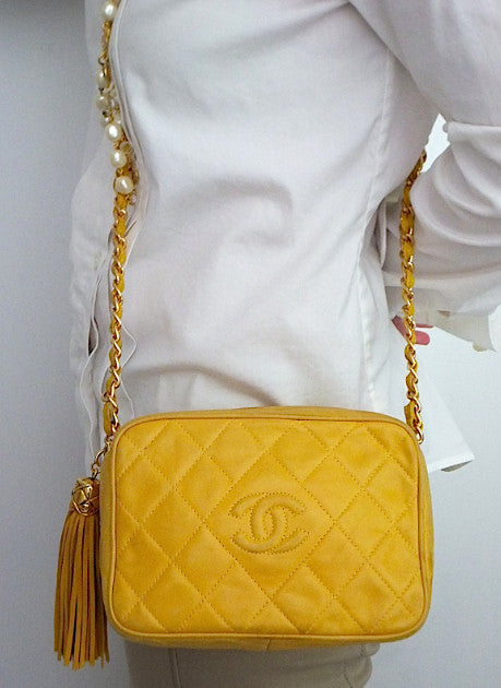 Authentic Chanel Vintage Yellow Quilted Camera Style Handbag